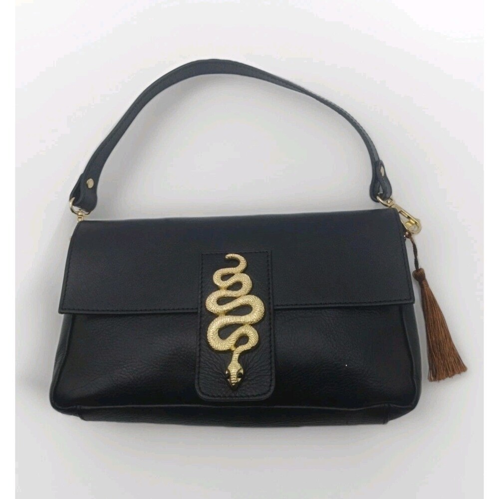 House of Harlow 60s Black Handbag Genuine Leather Purse Italy Gold Snake Accent